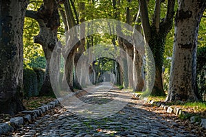 An idyllic cobblestone road, lined with trees, winding through a tranquil park, A cobbled pathway flanked by towering sycamore