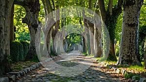 An idyllic cobblestone road, lined with trees, winding through a tranquil park, A cobbled pathway flanked by towering sycamore