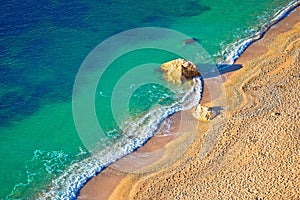 Idyllic Cote d `Azur sand beach aerial view