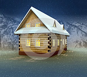 Idyllic cottage and window lighting at night snowfall