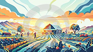 Idyllic Countryside Farmhouse at Sunset Illustration vector