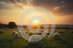 Idyllic countryside with a flock of sheep grazing on a lush green meadow as the sun sets in the horizon