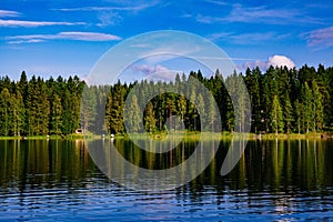 Idyllic countryside landscape view with blue lake and house on the shore. Summer cottage in Finland.