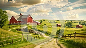 An idyllic countryside scene with a single dirt road guiding the way to a picturesque red barn, An old-fashioned countryside with