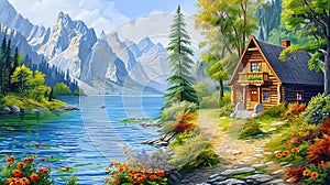 Idyllic countryside summer landscape with wooden old house near river, beautiful flowers and trees with mountains in the