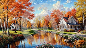 Idyllic countryside summer landscape with wooden old house near river, beautiful flowers and trees, oil painting on canvas