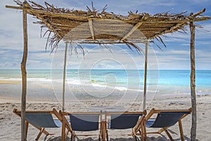 Idyllic Espelho Beach in Trancoso with rustic palapa, Bahia, Northeastern Brazil