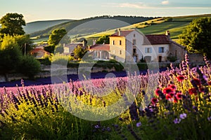 Idyllic European Countryside: Charming Stone Farmhouse amidst Lavender Fields and Sunflowers