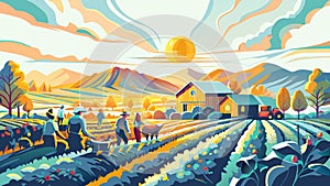 Idyllic Farm Life: Sunset Harvest with Workers and Tractor in Fields vector photo