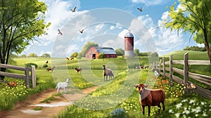 Idyllic farm scene with animals grazing, a red barn, silo, wooden fence, trees, and a bright blue sky with fluffy clouds