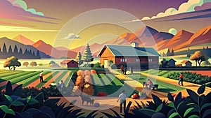 Idyllic Farmhouse Sunset Scene with Harvesting Farmers photo