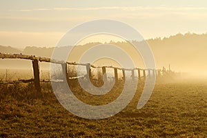 Idyllic fence on a misty field at sunrise