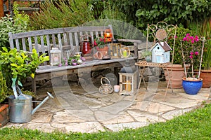 Idyllic garden place with different lanterns