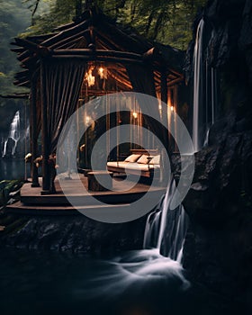 Idyllic Gazebo Enveloped by Lush Vegetation and Majestic Waterfalls - A Serene Oasis in the Heart of Nature