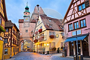 Idyllic Germany. Street architecture of medieval German town of Rothenburg ob der Tauber evening view