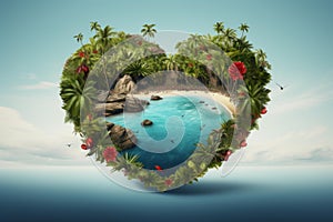 Idyllic heart-shaped island with lush palm trees, sandy beach, and clear blue waters