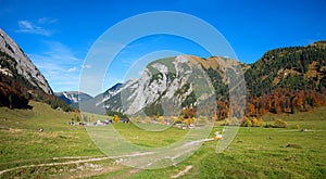 Idyllic hiking area around alpine village Eng, karwendel valley, in autumn