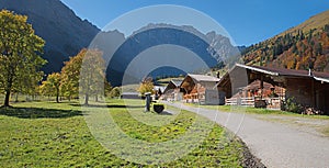 Idyllic hiking resort Eng alps, Karwendel area, in autumn. landscape tirol