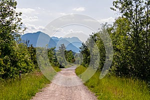 Idyllic hiking trail along Drava river with scenic view of majestic mountain peaks of Karawanks in Feistritz im Rosental,