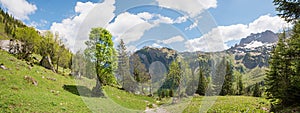 idyllic hiking trail Karwendel mountains in may, trail from Hohljoch to Eng alp huts, austria