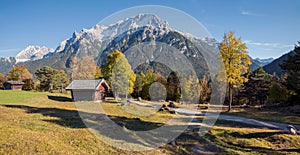 Idyllic hiking trail from Kranzberg to Mittenwald, view to Karwendel mountains