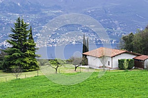 Idyllic Italian rural landscape green lawn, conifers, nebolshoy the white house with tiled roof in the background is lake Garda