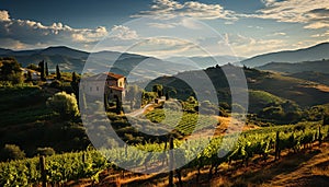 Idyllic Italian vineyard green meadows, sunset, farmhouse, tranquil winemaking generated by AI