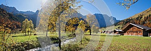 Idyllic karwendel valley in autumn, alpine hut eng alm, austria