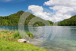 Idyllic lake alatsee with green meadow