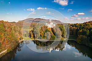 Idyllic lake hill castle of Trakoscan in Zagorje region aerial view