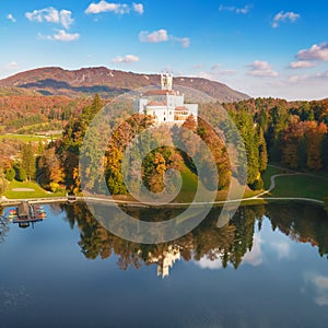 Idyllic lake hill castle of Trakoscan in Zagorje region aerial view