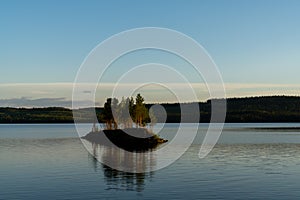 Idyllic lake landscape with a small island with trees under a cloudless blue sky