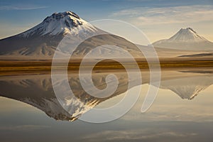 Idyllic Lake Lejia reflection and volcanic landscape in Atacama desert, Chile