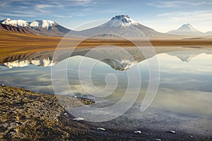 Idyllic Lake Lejia reflection and volcanic landscape in Atacama desert, Chile