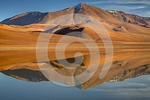 Idyllic Lake Lejia reflection and volcanic landscape in Atacama desert, Chile photo