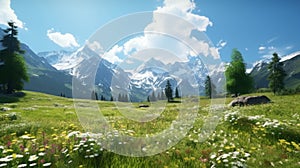 Idyllic landscape in the Alps with fresh green meadows and blooming flowers and snow-capped mountain tops in the background