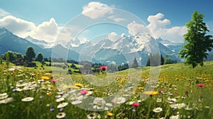 Idyllic landscape in the Alps with fresh green meadows and blooming flowers and snow-capped mountain tops in the background