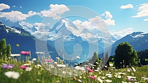 Idyllic landscape in the Alps with fresh green meadows and blooming flowers and snow-capped mountain tops in the background