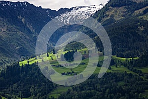 Idyllic landscape in the Alps in springtime with traditional mountain chalet and fresh green mountain pastures with flowers.