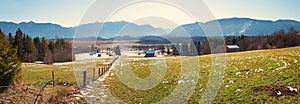 Idyllic landscape with alps view, Murnauer Moos panorama and bavarian mountains