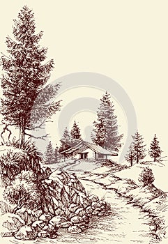 Idyllic landscape hand drawing