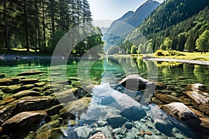Idyllic landscape of mountain lake in the Alps with stones in water