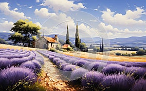 Idyllic landscape painting of a rustic countryside home amidst lavender fields, with cypress trees and rolling hills under a sunny