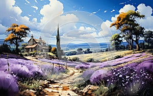 Idyllic landscape painting of a rustic countryside home amidst lavender fields, with cypress trees and rolling hills under a sunny