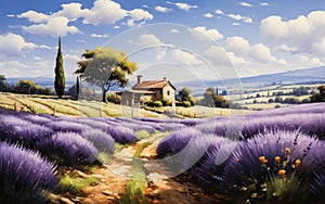 Idyllic landscape painting of a rustic countryside home amidst lavender fields with cypress trees and rolling hills under a sunny