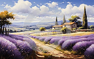 Idyllic landscape painting of a rustic countryside home amidst lavender fields with cypress trees and rolling hills under a sunny