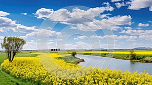 Idyllic landscape with a river, blooming yellow canola fields, and lush greenery under a blue sky with clouds