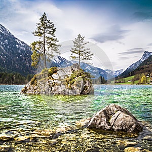 Idyllic landscape with trees on a rock, Bavaria, Germany