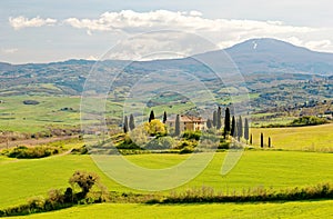 Idyllic landscape of Tuscan countryside, with farmhouses surrounded by cypress trees on green grassy rolling hills & Monte Amiata