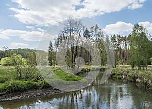 Idyllic landscape of winding river stream meander at lush green meadow with deciduous tree forest, blue sky backgound